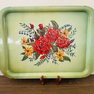 vintage metal serving tray floral 13/17”